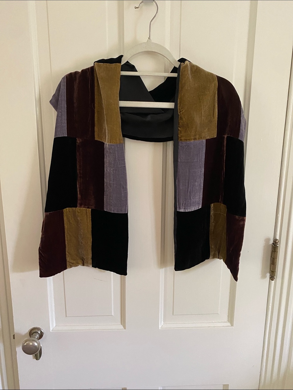 Patchwork Velvet Scarf Wrap in Black, Olive & Plum